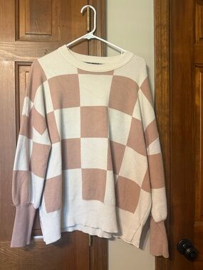 Lillusory Checkerboard Crewneck Sweater in Blush and Cream